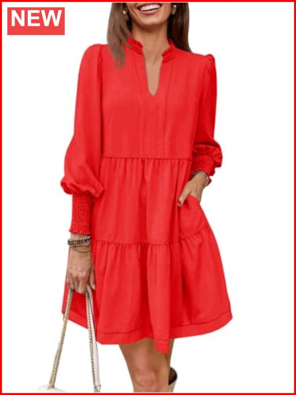 Long Sleeve V-Neck Tiered Ruffle Tunic Dress
